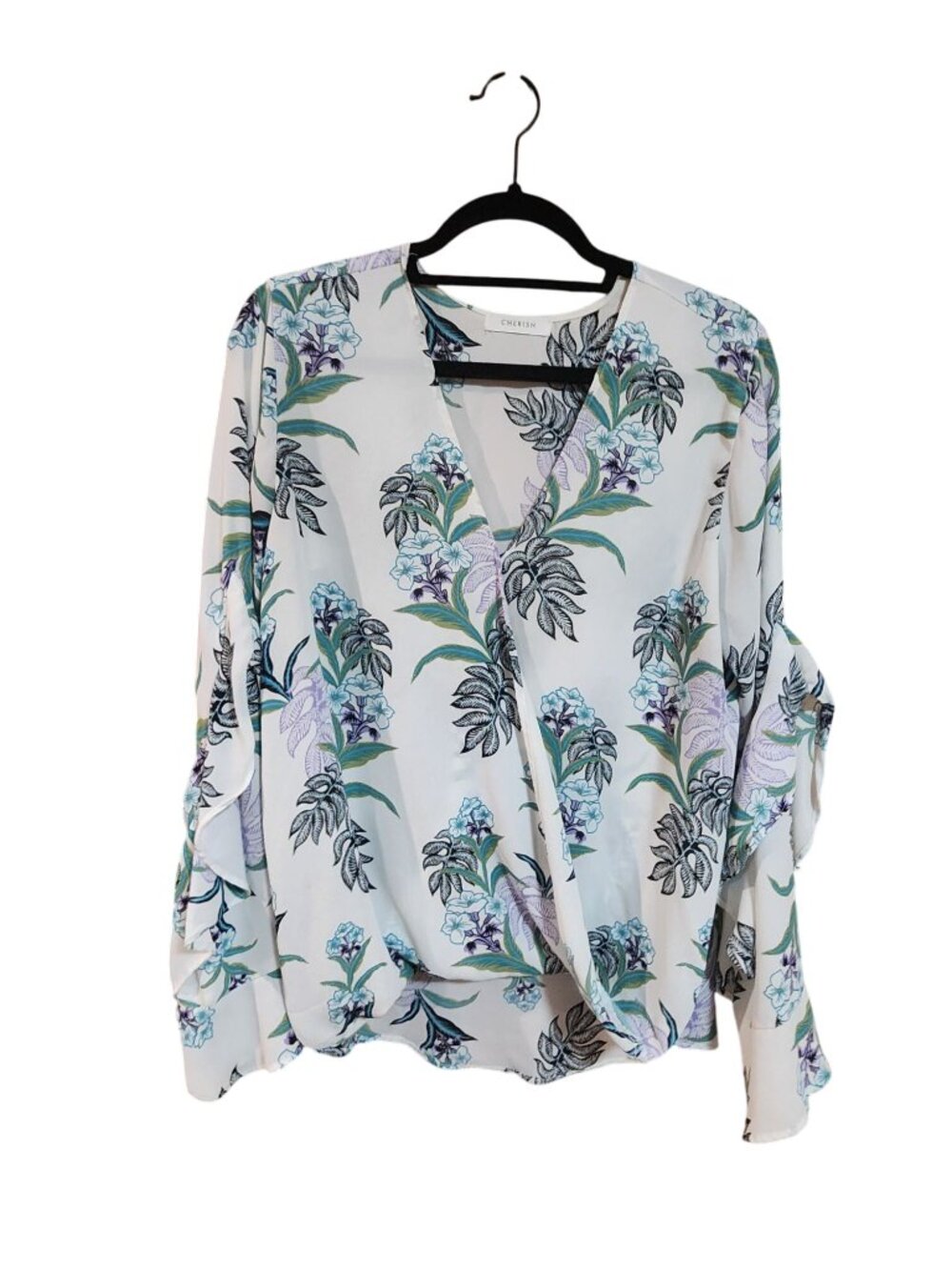 Cherish Faux Wrap Long Flowey sleeved Blouse Womens size L